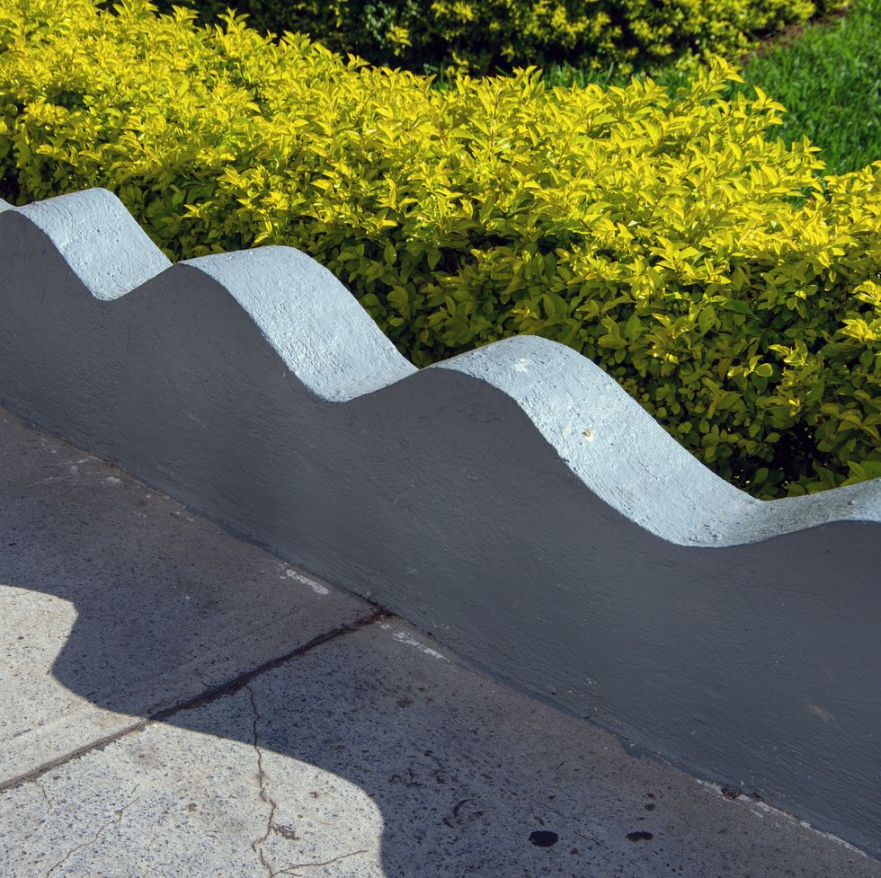 scalloped pattern low concrete wall edgingborder between a footpath and a landscaped garden bed